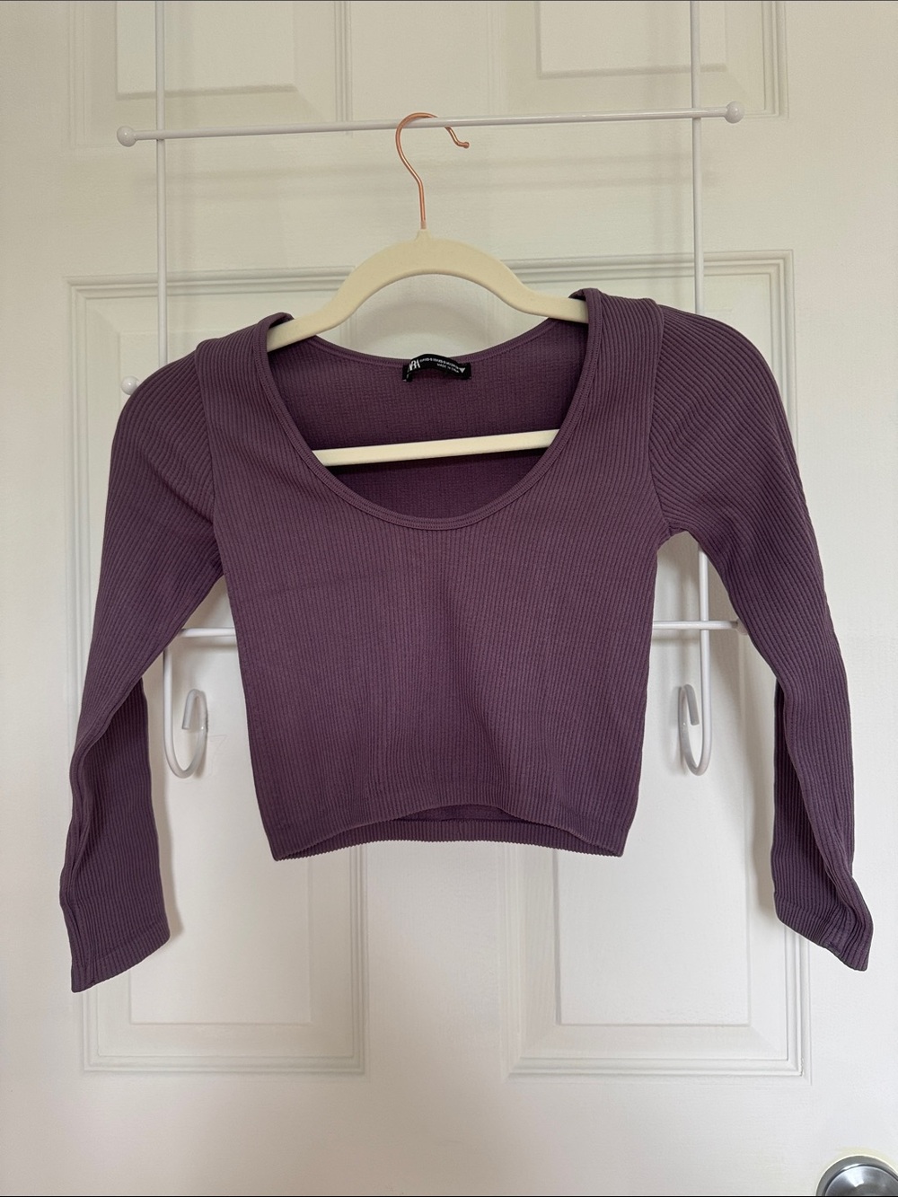Zara Ribbed Scoop Neck Long Sleeve Crop Top - Mauve